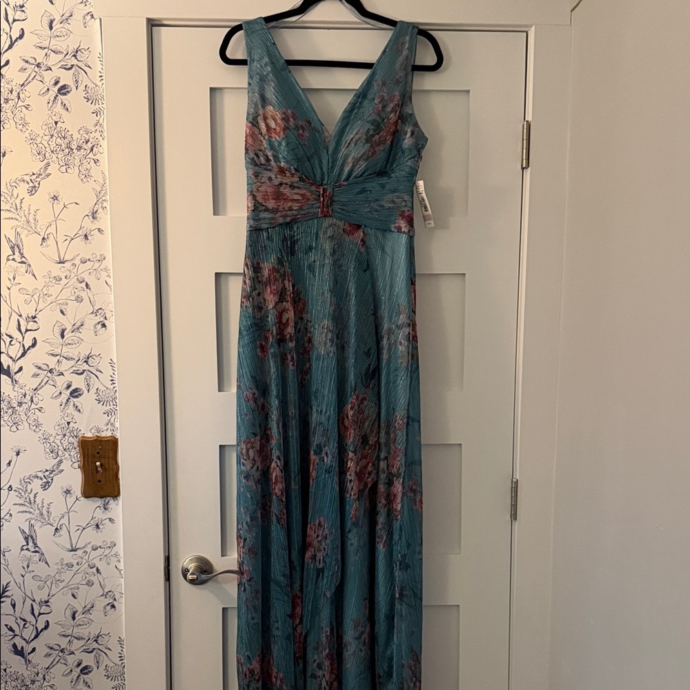 R&M Richards Teal and Pink Shimmery Floral Maxi Dress